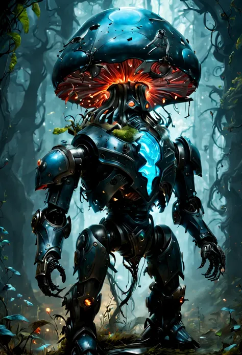 by Brian Jungen, robot with Bioluminescent Mushroom, Fantasy art, dark Fantasy, enhance, intricate, (best quality, masterpiece, Representative work, official art, Professional, unity 8k wallpaper:1.3)