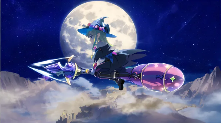 Witch flying in the sky，Behind him is the full moon, sky witch, clever witch, witch woman, flying on the broom, Astral Witch Clothes, Misty Rain Magic Sand, witch fairytale, splash ink art anime loli, witch academia, the witch, Japanese anime fantasy illus...