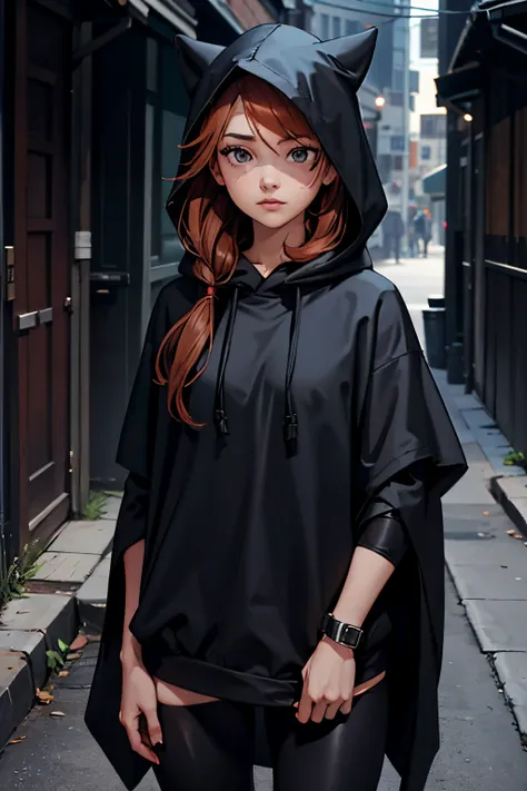 1 girl, auburn hair, black poncho with a hood over the head, black eye-mask, black leggings, alley background