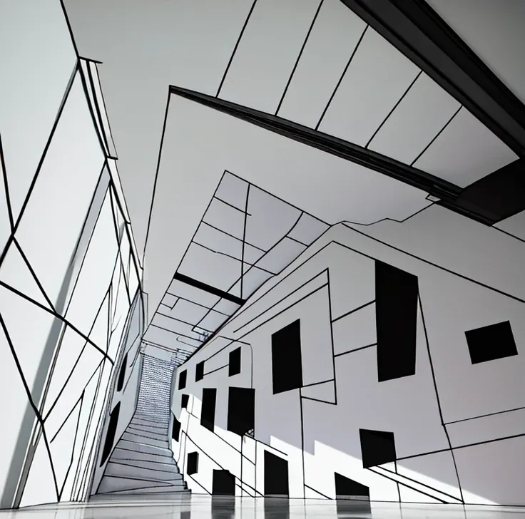 Complex structure，The contrast between black and white is obvious，Strong artistic expression，spatial reconstruction，Black and White photo，Light and shadow contrast color block，Strong sense of space