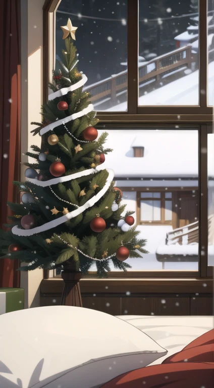 ((Head-On Shot)) Scenary, a house at Christmas, inside a Christmas tree, snowing outside, focus on the window