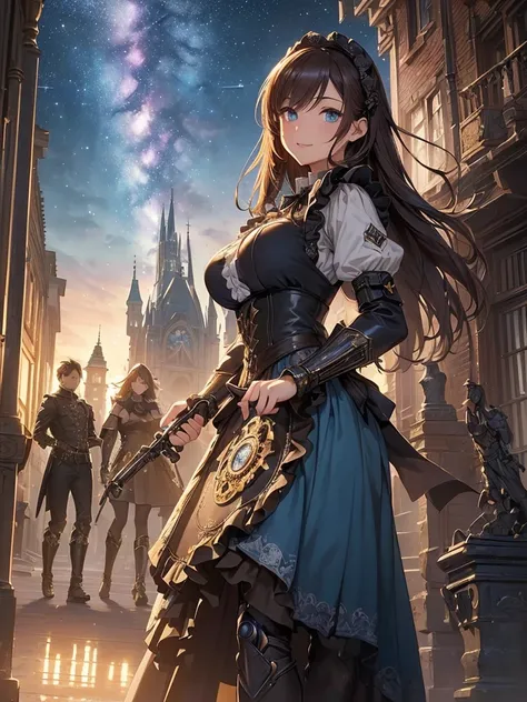 top-quality、Top image quality、​masterpiece、Beautiful Gothic girl((20yr old、Best Bust、big bast、Bust 90,Beautiful blue eyes、,Brown hair long hair、A slender、a closeup、Hold a steampunk cannon、Glowing sword in hand、Cool pose、fight、Esbian、Gothic Maid costume、bea...