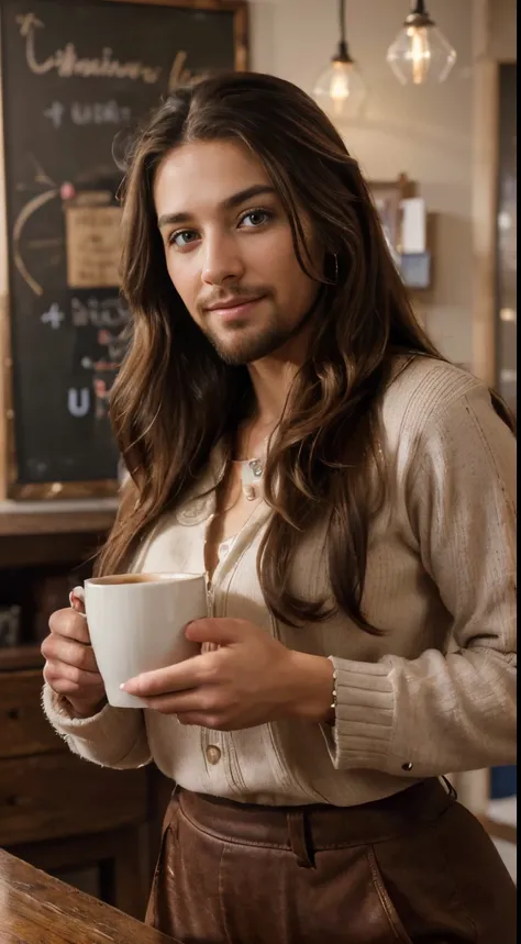 (best quality,4k,highres,ultra-detailed,realistic:1.37),vibrant portrait,beautiful teacher lady with a beard,long beautiful hair,manly chiseled face,expressive eyes,lovely smile,stylish outfit,confident stance,coffee cup,cozy atmosphere,artistic lighting,r...