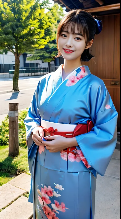 (light blue and red kimono:1.2)、(kyo-yuzen:1.2)、(with floral pattern)、(long-sleeve)、(furisode:1.2)、1人の女性、sixteen years old、full ...