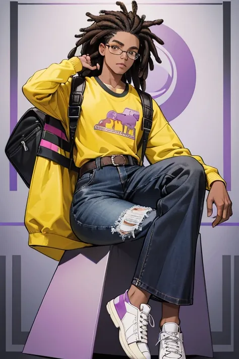 Iggy has dark skin, black dreadlocked hair, and thick eyebrows. He wears rounded-rectangular framed, gray-rimmed eyeglasses, and carries a yellow and black-colored backpack. He wears a purple shirt with a black planet and a light purple ring printed on it ...