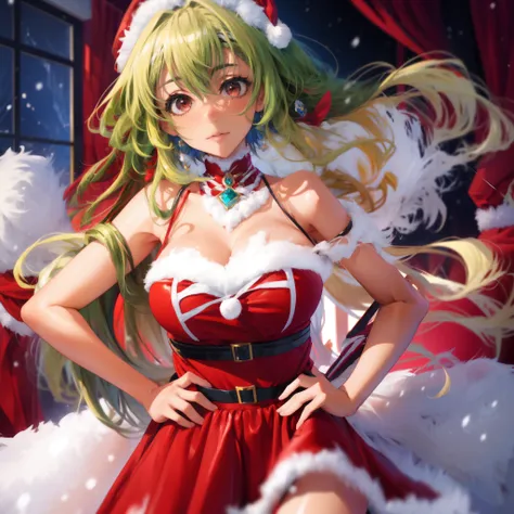 yami the golden darkness wearing sfw christmas gown with red and green adornments, hands on hips,1girl, messy long yellow hair, ...