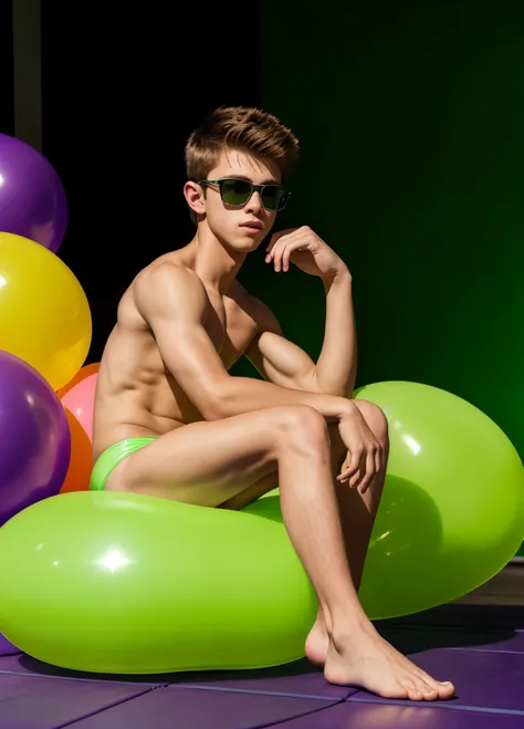 14-year-old boy, sitting on big violet balloon between legs, wearing green speedos, shirtless, abs, thin body, hugging green balloons, popping violet balloons, handsome, youthful, boyish, cute, black military sunglasses, photography, realistic, indoor soft...