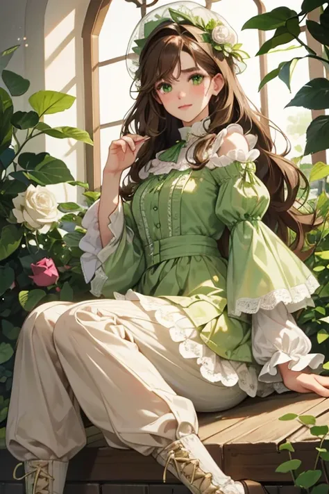 Julep has fair skin, green eyeshadow, and wavy brown hair. She wears a light green cloche surrounded by a white lace and rose, a light green layered shirt with puffed sleeves and white trims, brown pants, and green and white shoes with brown laces and sole...