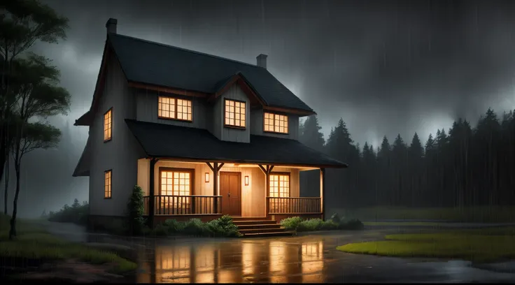 house in the middle of the forest at night with heavy rain