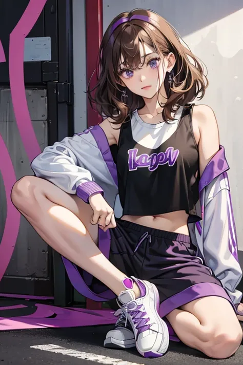 Lisa has curly, brown highlighted hair. She wears a black cropped running tank with purple trims. There is a white sticker displaying the number "801" with a purple line above and below it attached to the bottom-right side of her shirt. She wears white and...