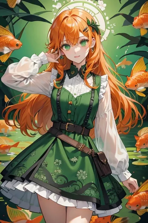 Koilee has waist-length curly orange hair with bangs that slightly cover her eyes. She wears lime green eyeshadow, a lilypad hairclip, and a dark green dress with black, orange, and white fish scale-like patterns that resemble a koi fish on the lower half....