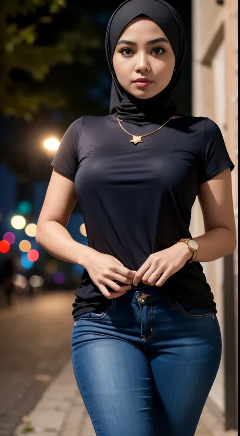 RAW, Best quality, high resolution, masterpiece: 1.3), beautiful Malay woman in hijab, Masterpiece, perfect slim body, big breasts, beautiful big eyes, Soft smile, wearing a dark blue tight t-shirt, casual trousers, necklace, walking around evening, City p...