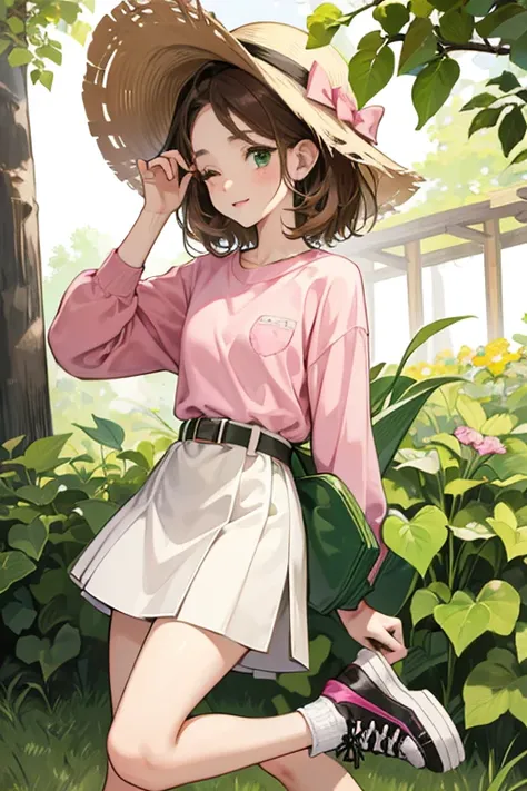 Radlynn is a young girl with short café brown hair, mid-tone skin, and wears a radish-colored hat that covers her eyes, which has green radish leaves attached on top. She also wears a green long-sleeved shirt underneath a pink T-shirt with a picture of Rad...