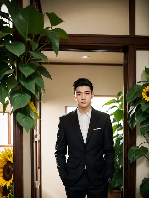 male, 20 year old boy, black eyes, slick back, suit, half body photo, head facing the camera, room, jungle, sunflower