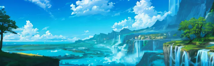 ConceptArt, no humans, scenery, water, sky, day, tree, cloud, waterfall, outdoors, building, nature, river, blue sky