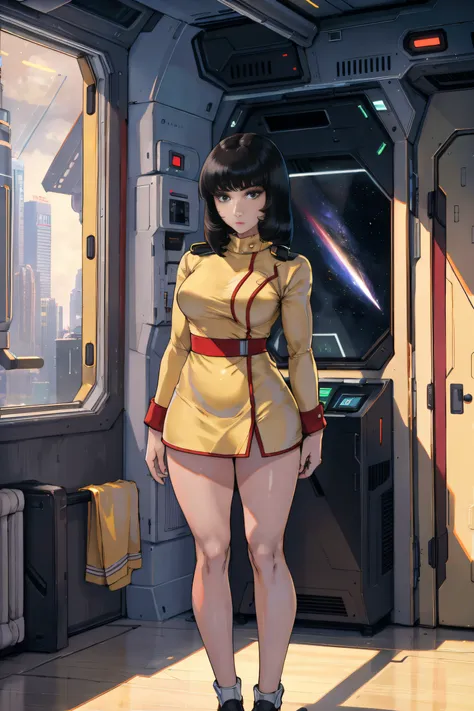 8k,(masterpiece:1.4)(best quality:1.4),(top quality), 1girl,fayuiry,black hair, black eyes, yellow dress,  uniform, inside space...