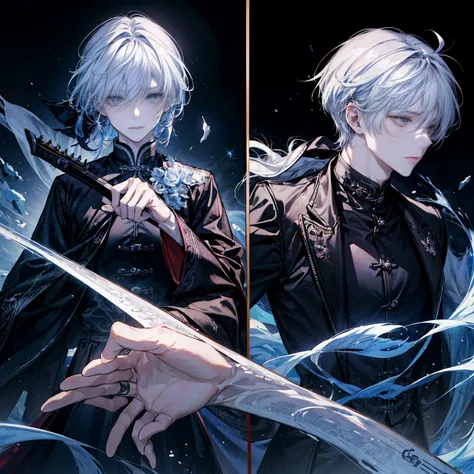 1 male, 187 cm、独奏, white colored hair, Unkempt long hair, One eye is hidden by bangs、Slender Eyes、Long bangs、Cool、gray eyes, black undershirt, metal cuffs, black gloves, raincoat, high boots, Metallic grease, medieval theme, looking a viewer, Fantasy art, ...