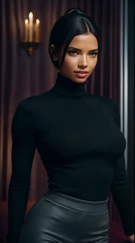 Foto hiperrealista en primer plano de Adriana Lima, masterpiece, best quality, (photorealistic:1.4), portrait photo, black turtleneck sweater, night in living room, during the night, dark night, during night, cinematic light, beautiful woman, skinny, mediu...