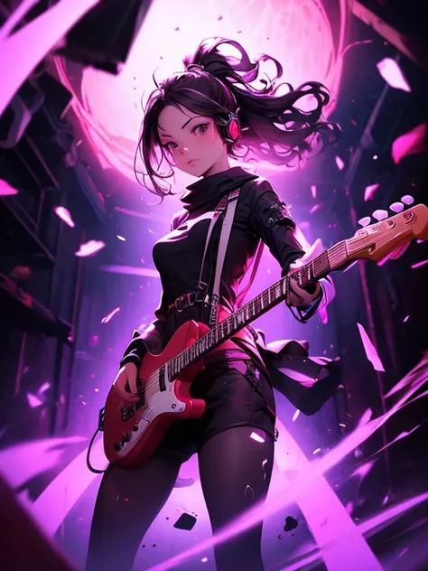 absurderes, hight resolution, ultra-detailliert, (1girl in:1.3), BREAK , infrared photography, Otherworldly shades, surreal landscape, Invisible light, ethereal glow, Vibrant colors, Ghost effect,headphones,Playing guitar,amp