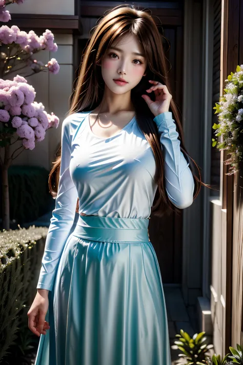 1个Giant Breast Girl, (((tmasterpiece, Best quality at best))),(actual, realisticlying), purpleish color_evergarden, cow boy shot, Black hair, woven, Redhead ribbon, By bangs, , Blue long sleeves, jewely, Brown eyes, brooch, ascot, ((a white long skirt)), l...