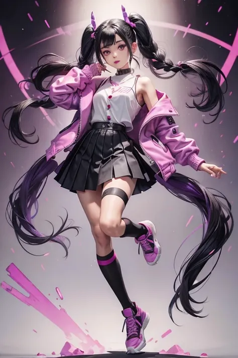 Tohru turned pale, pele na altura dos ombros., black hair tied into braids secured by purple beads. She wears a fuchsia pink leather jacket with black stitches and buttons over a dark purple shirt...., black and dark purple layered skirt with pink buttons,...