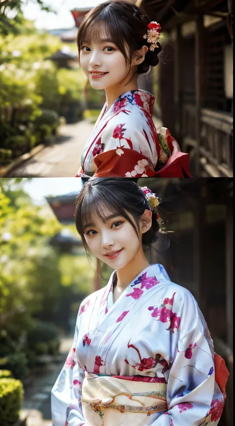 (Red kimono:1.2)、(Kyo-Yuzen:1.2)、(Japanese style floral pattern:1.0)、(Furisode:1.2)、(Japanese traditional classic pattern:1.2)、(top grade)、1人の女性、sixteen years old、full body Esbian、A dark-haired、(reallistic:1.7)、((Top image quality))、absurderes、(超A high res...