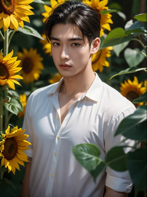 male, 20 year old boy, black eyes, slick back, shirt, half body photo, head facing the camera, room, jungle, sunflower