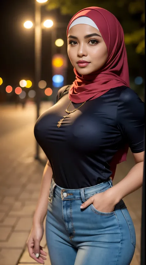 RAW, Best quality, high resolution, masterpiece: 1.3), beautiful Malay woman in hijab, Masterpiece, perfect slim body, big breasts, beautiful big eyes, Soft smile, wearing a dark blue tight t-shirt, casual trousers, necklace, walking around evening, City p...