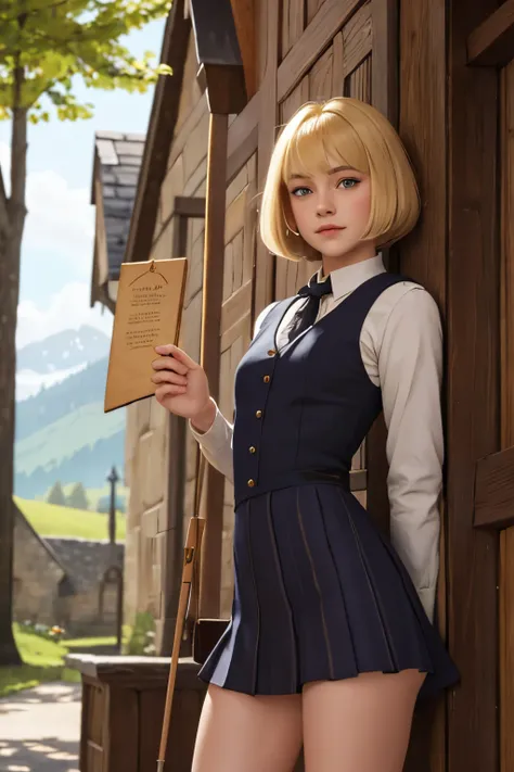 top-quality, ​masterpiece, Female students at Hogwarts School of Witchcraft and Wizardry, Blonde Bob Hair, plein air, borgar,tiny chest,lean body,very slender legs,