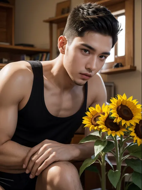 male, 20 year old boy, black eyes, slick back, sleeveless clothes, half body photo, head facing the camera, room, jungle, sunflower