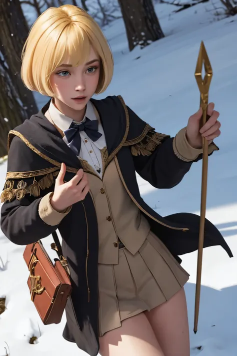 top-quality, ​masterpiece, Female students at Hogwarts School of Witchcraft and Wizardry, Blonde Bob Hair, plein air, borgar,tiny chest,lean body,very slender legs,