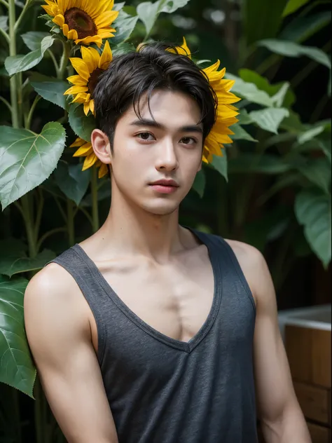 male, 20 year old boy, black eyes, slick back, sleeveless clothes, half body photo, head facing the camera, room, jungle, sunflower