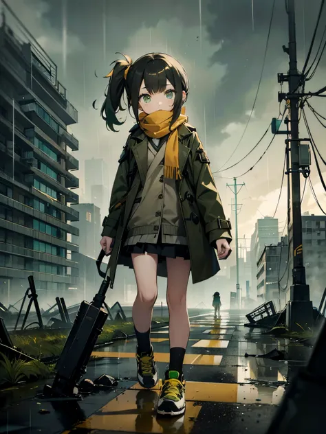 One Little Girl，brown side ponytail，Yellow scarf，Dark green trench coat，Green-eyed，athletic sneakers，fisheyelens，gray day，Rain fell on the ground，inverted image，Broken cities，punky style，（flatchest）