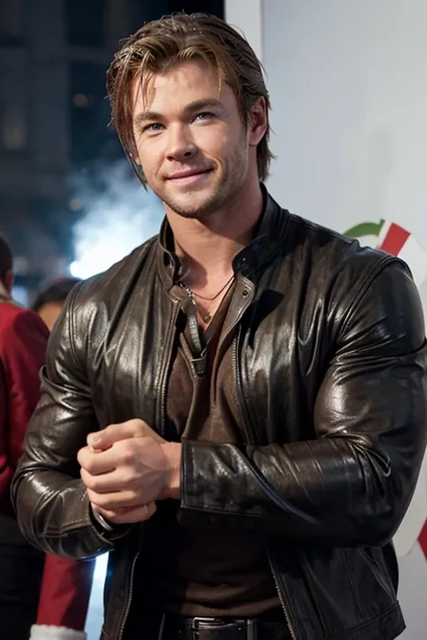 happy face Chris Hemsworth with chrismast event wearing leather