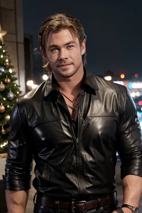 happy face Chris Hemsworth with chrismast event wearing leather