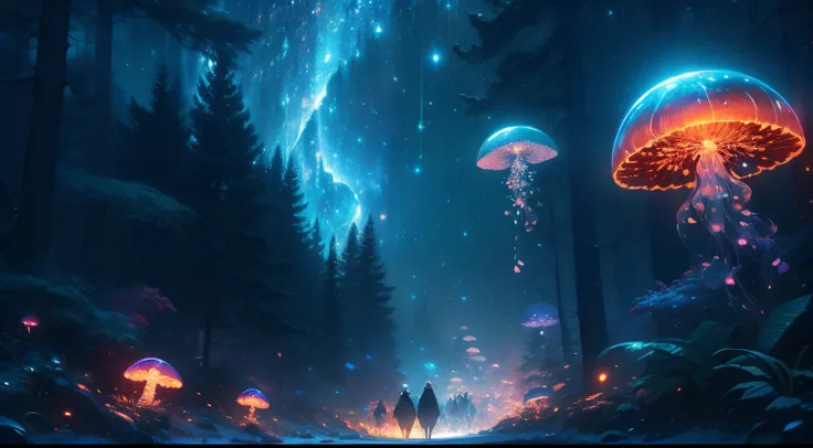 k hd,8K,Glowing mushrooms grow in the dark forest,There are bright stars in the sky,(Glowing mushrooms),Colorful fluorescent mushrooms,Forest at night,Milky Way,Fantasy style,art for the game