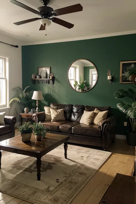 araffed&#39;There is a lot of furniture in the living room、lots of plants，green wall， liveroom，mirror frame，Home interior, liveroom, interior of house, wide - angle shot, interior living room, cozy living room, cozy environment, welcoming living room, livi...