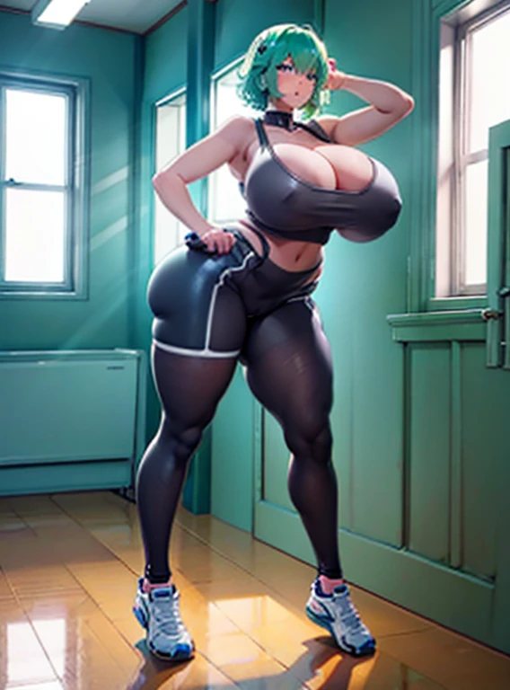 1 anime girl, solo, anatomically correct, supermodel, beautiful girl, light green hair, cyan colour hair, short hair, curly hair, intense curls, very short hair, beautiful blue eyes, highly detailed face illustration, (large breasts:1.6), (hyper hourglass ...