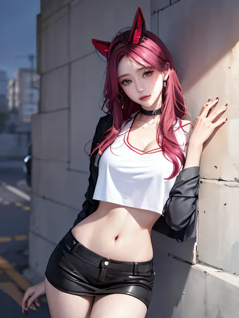 (tmasterpiece, Best quality, 1 busty girl, Alone, exquisite detailing, color difference), top-quality、8K、32K、masterpiece reality, ((Breathe in moderation)), Long gray hair,One with white and red hair, red headgear, Pink highlight, Hair above one eye, ear n...