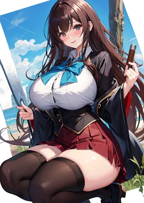 Anime beauty，JK Skirt，ssmile，blacksilk、Brown Color Hair，white knee highs、The port town、huge tit