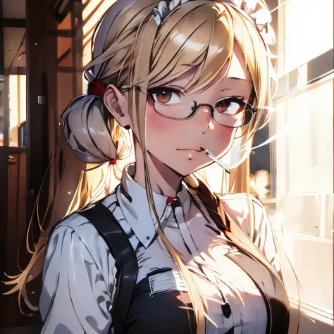 【highest quality, masutepiece】 [girl, manteau, expressioness, brown eyes,glasses, sanpaku eyes,front facing,beauty blonde hair, ...