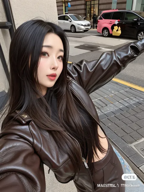 there is a woman who is taking a selfie on the street., in a maxi brown leather jacket, ulzzang, hermosa joven coreana, chica co...