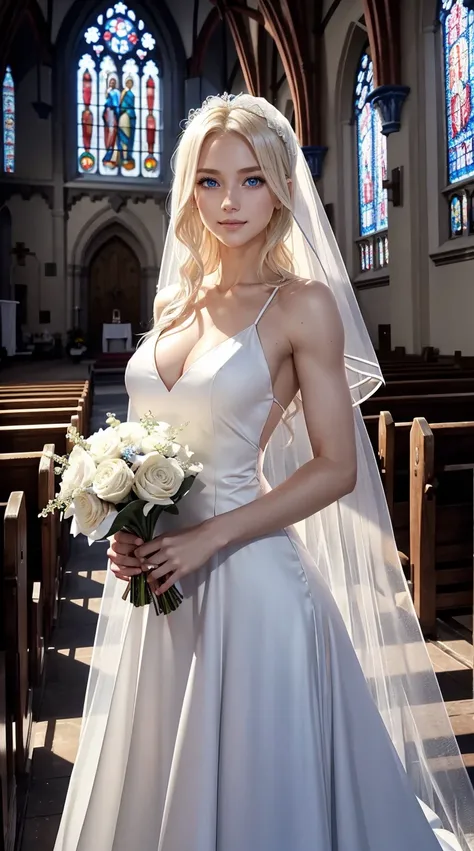 25-year-old Caucasian woman、platinum-blonde、blue eyess、Semi-long、My hair is wavy、My abs are cracked、ssmile、slim muscular body、I don&#39;t want my head to disappear from the screen.、wearing a wedding dress、short hem length、Inside a church with stained glass...