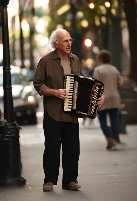 A photo of Larry glaring at a street performer playing the accordion on the sidewalk.,Curb Your Enthusiasm,Larry David, the character from “Curb Your Enthusiasm,” mirrors his real-life counterpart with a casual, often disheveled appearance, typically seen ...