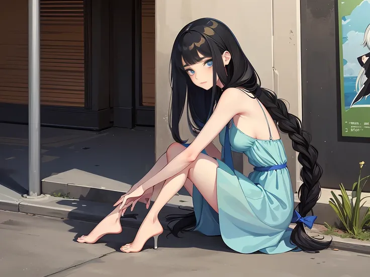 girl with black hair，slender stature，tie-double twisted braids，long hair，small face，emaciated，bare feet，blue high-heeled shoes，f...