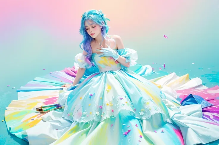 （Pink fashion T-shirt：1.9），（Colorful hair：1.8），（Rainbow all colors：1.8），（（（（Vertical painting：1.6)）），（painting of a：1.6），frontage，comic strip,illustration,painting of a,largeeyes,crystal-clear,（rainbow color gradient high ponytail：1.7）,Delicatemakeup,Keep ...