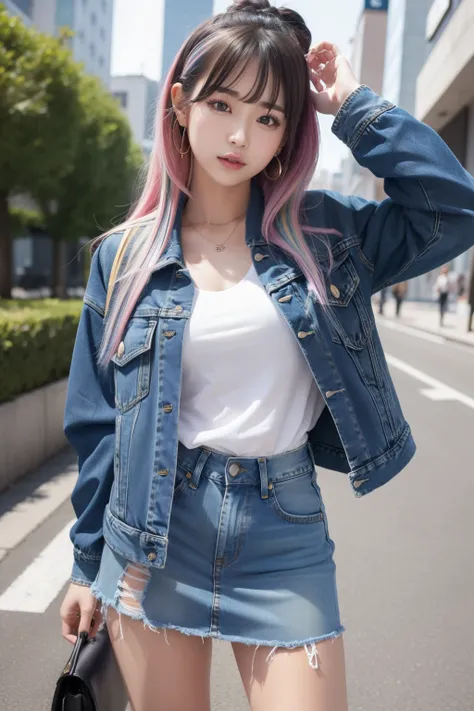 female idol、full body Esbian、cool expression、Denim Tight Mini Skirt（micromini）、、Wild Jacket、Colorful hair