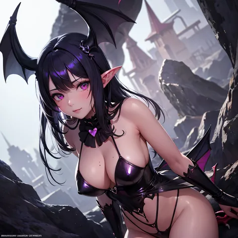 super high quality, 8k, RAW photo, realistic, cute succubus, lewd and sloppy look, heart-shaped micro bikini, wariza, looking down from below, slender, great proportion, background fantasy world, dancing iridescent