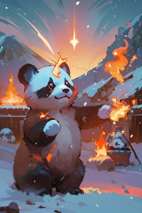 (Best quality at best,tmasterpiece:1.2),ultra - detailed,actual,realistically:1.37,uniformity,Soft brushstrokes, Furry white panda playing with fireball,Its snowing、volcano background