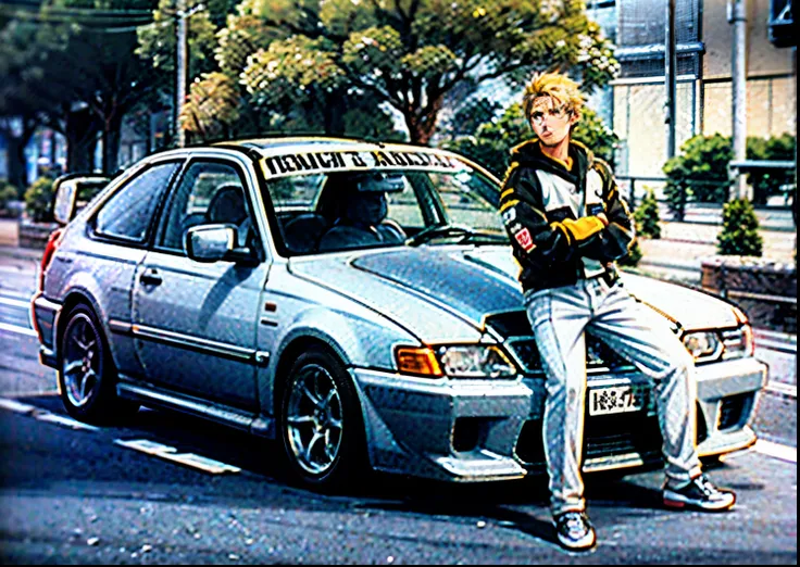 Young Japanese man with blond hair sitting on the hood of a car on a street, looking to his right, anime style, black racing jacket and white pants, inspired by Hiroshi Honda, with white kanji insignias, japanese drift car, initial d